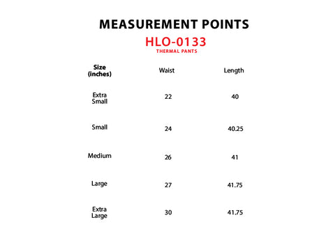 Size Chart for Thermal Pants