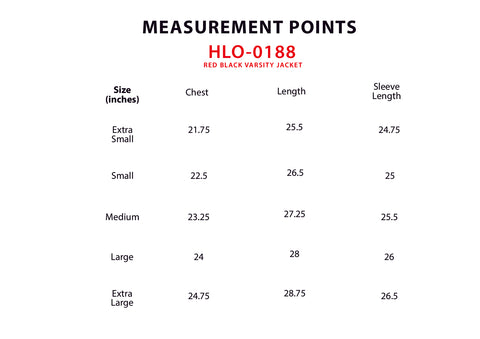 Size Chart for Red & Black Varsity Jacket