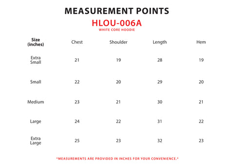 Size Chart for White Core Hoodie (M)
