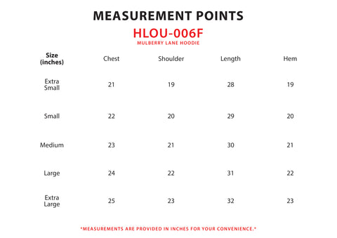Size Chart for Mulberry Lane Hoodie (M)