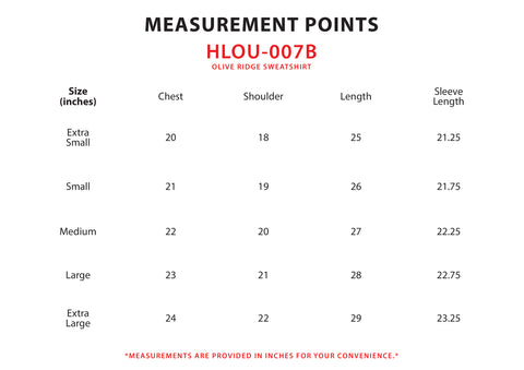 Size Chart for Olive Ridge Sweatshirt (F)