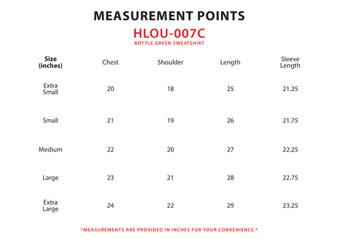 Size Chart for Evergreen Brook Sweatshirt (M)