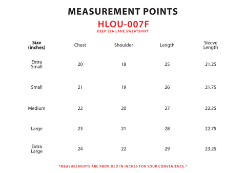 Size Chart for Deep Sea Lane Sweatshirt
