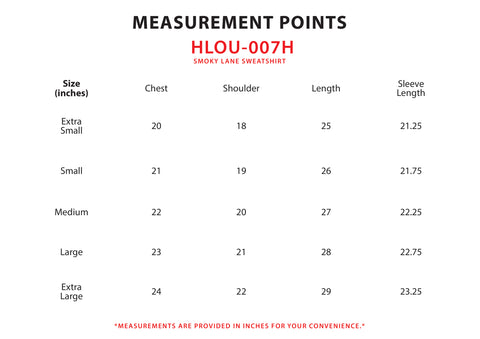 Size Chart for Smoky Lane Sweatshirt (M)