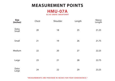 Size Chart for Olive Grove Sweatshirt