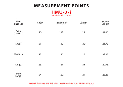 Size Chart for Cobalt Sweatshirt (F)