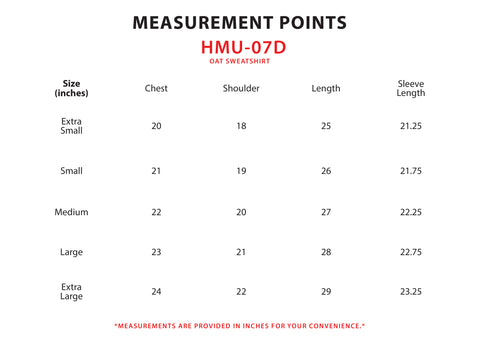 Size Chart for Oat Sweatshirt (F)