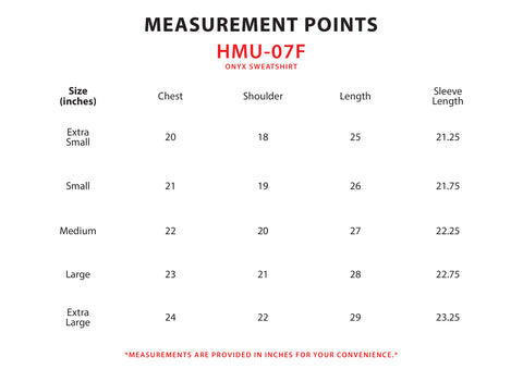 Size Chart for Onyx Sweatshirt (M)