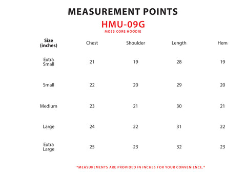 Size Chart for Moss Core Hoodie (F)