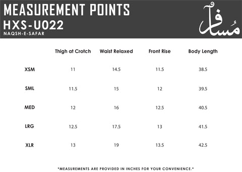 Size Chart for Naqsh-e-Safar