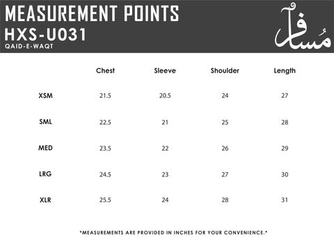 Size Chart for Qaid-e-Waqt