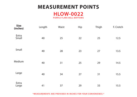 Size Chart for Purple Flare Bell-Bottoms