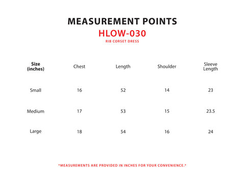 Size Chart for Rib Corset Dress