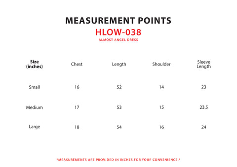 Size Chart for Almost Angel Dress