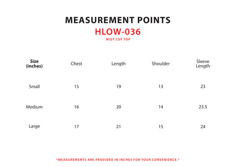 Size Chart for Mist Cut Top