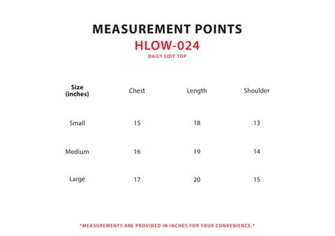 Size Chart for Daily Edit Top