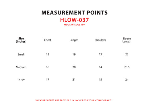 Size Chart for Modern Edge Top