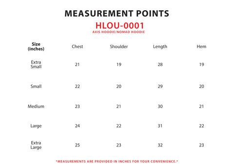 Size Chart for Nomad Hoodie
