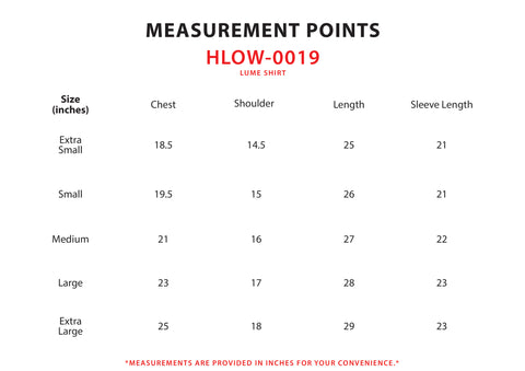 Size Chart for Lume Shirt