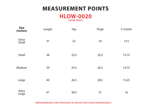 Size Chart for Prism Pants