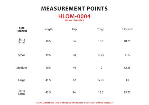 Size Chart for Mono Trousers (M)