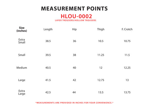 Size Chart for Hollow Trousers (M)