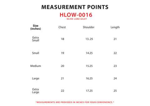Size Chart for Olive Lane Gilet