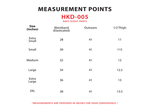 Size Chart for Navy Scout Pants