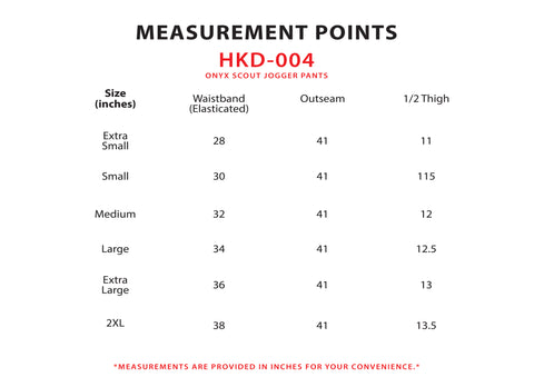 Size Chart for Onyx Scout Jogger Pants