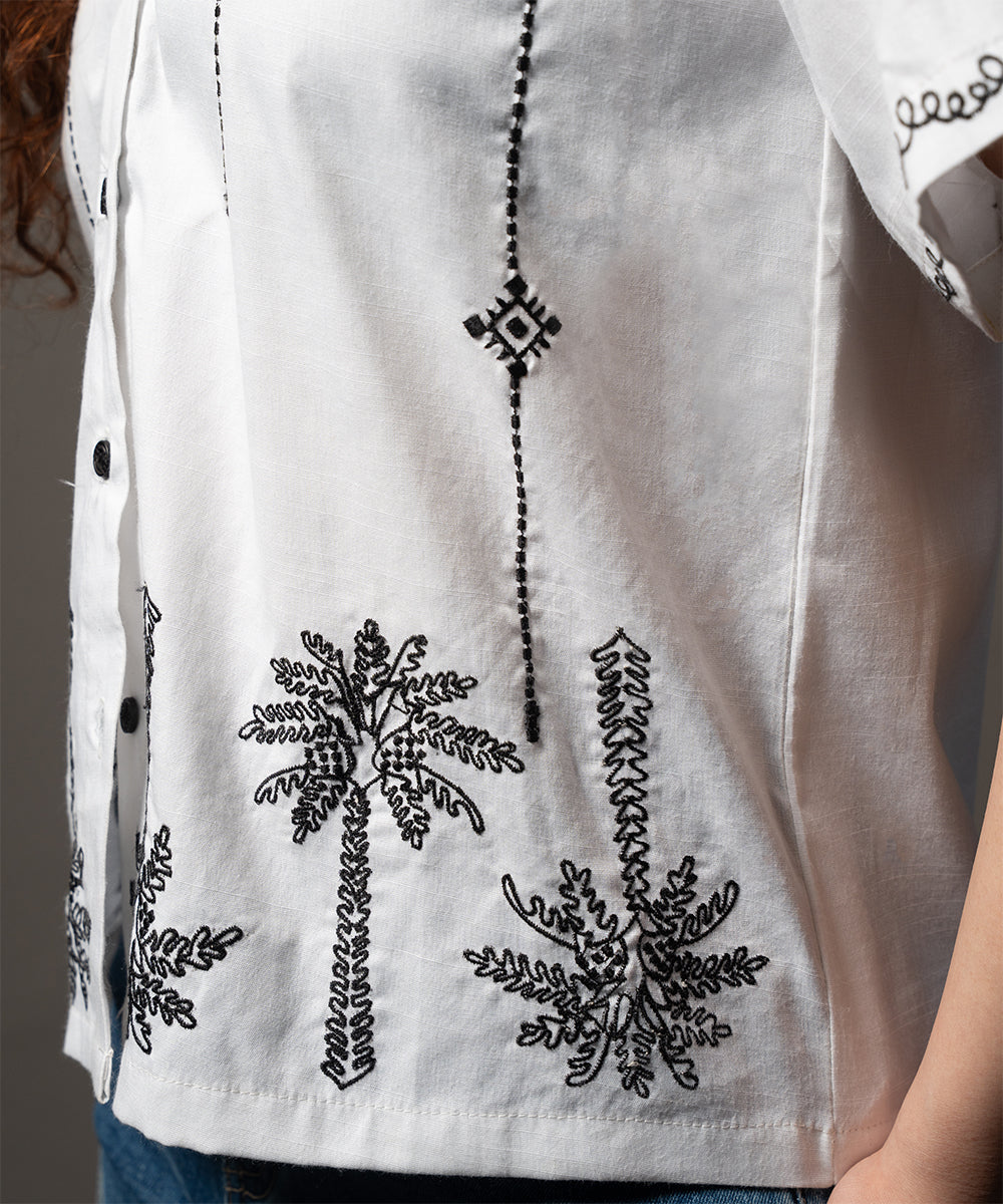White Tropic Embroidery Button-Down - Halo Retail