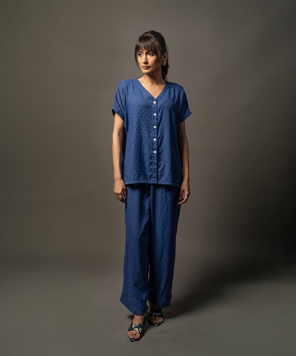 Blue Jacquard V-Neck Top