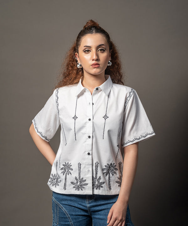 White Tropic Embroidery Button-Down