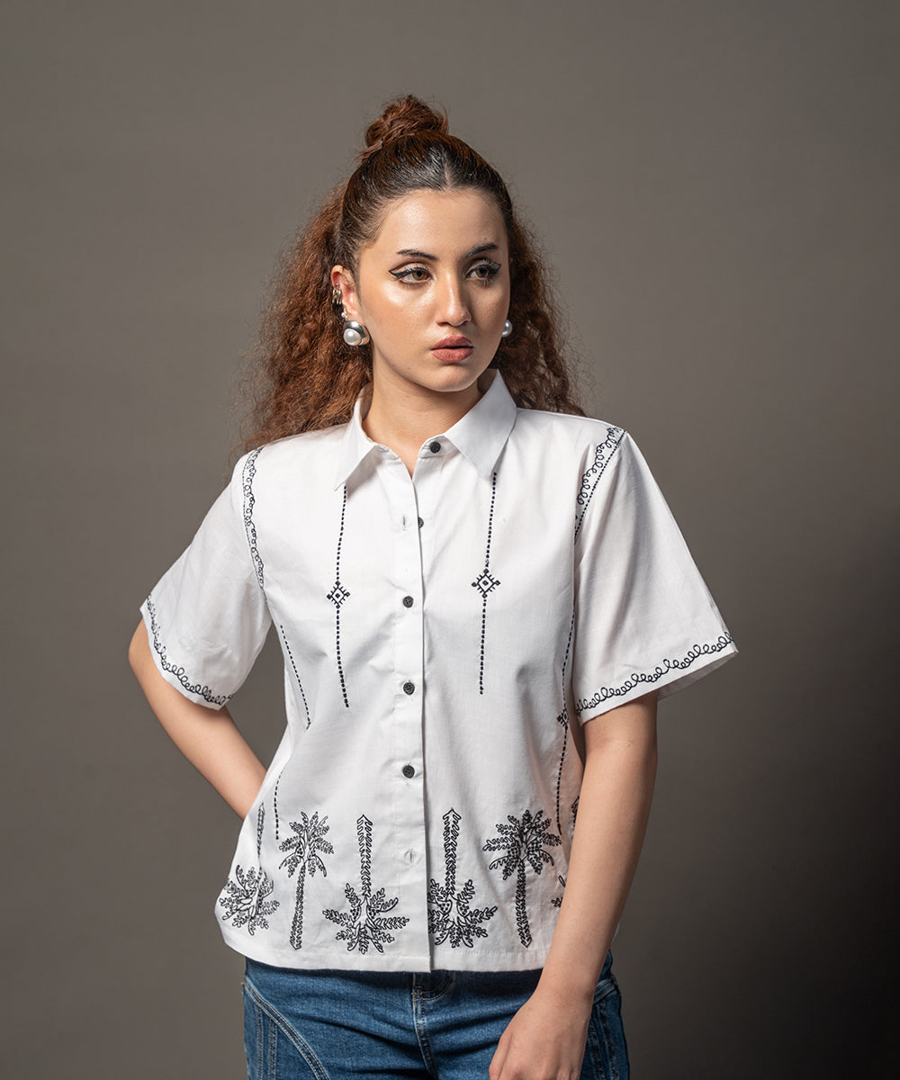 White Tropic Embroidery Button-Down - Halo Retail