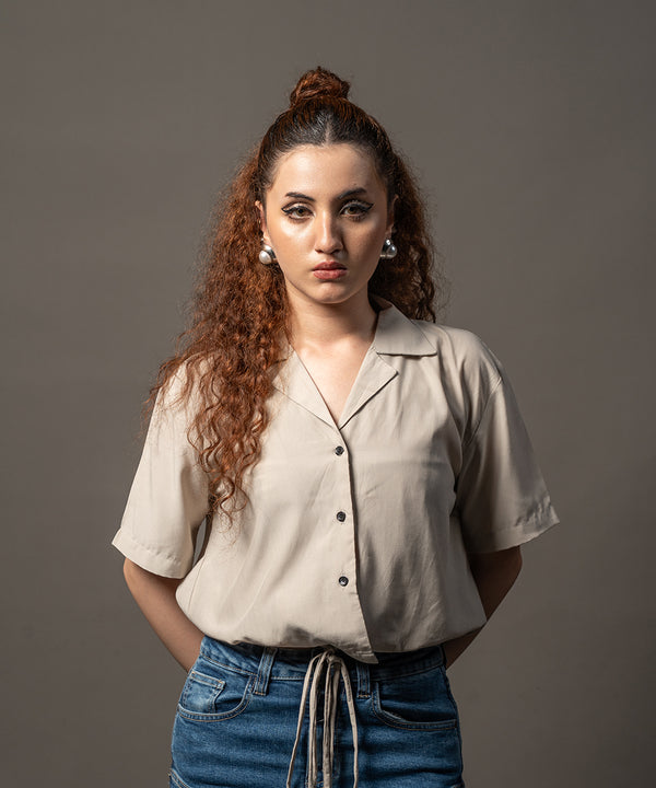 Peach Tie-Detail Cuban Collar Shirt