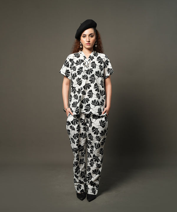 Monochrome Floral V-Neck Shirt